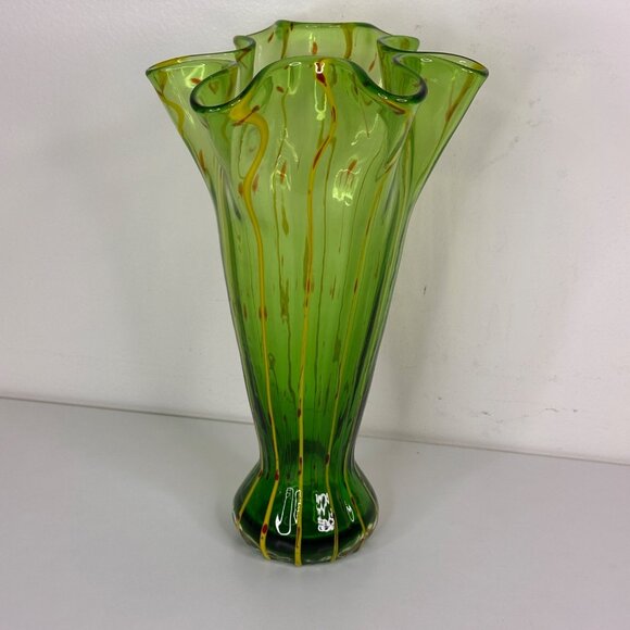 Eastern Hand-Blown Green Glass Vase With Yellow & Red Swirl Design 10.5" - Picture 1 of 12
